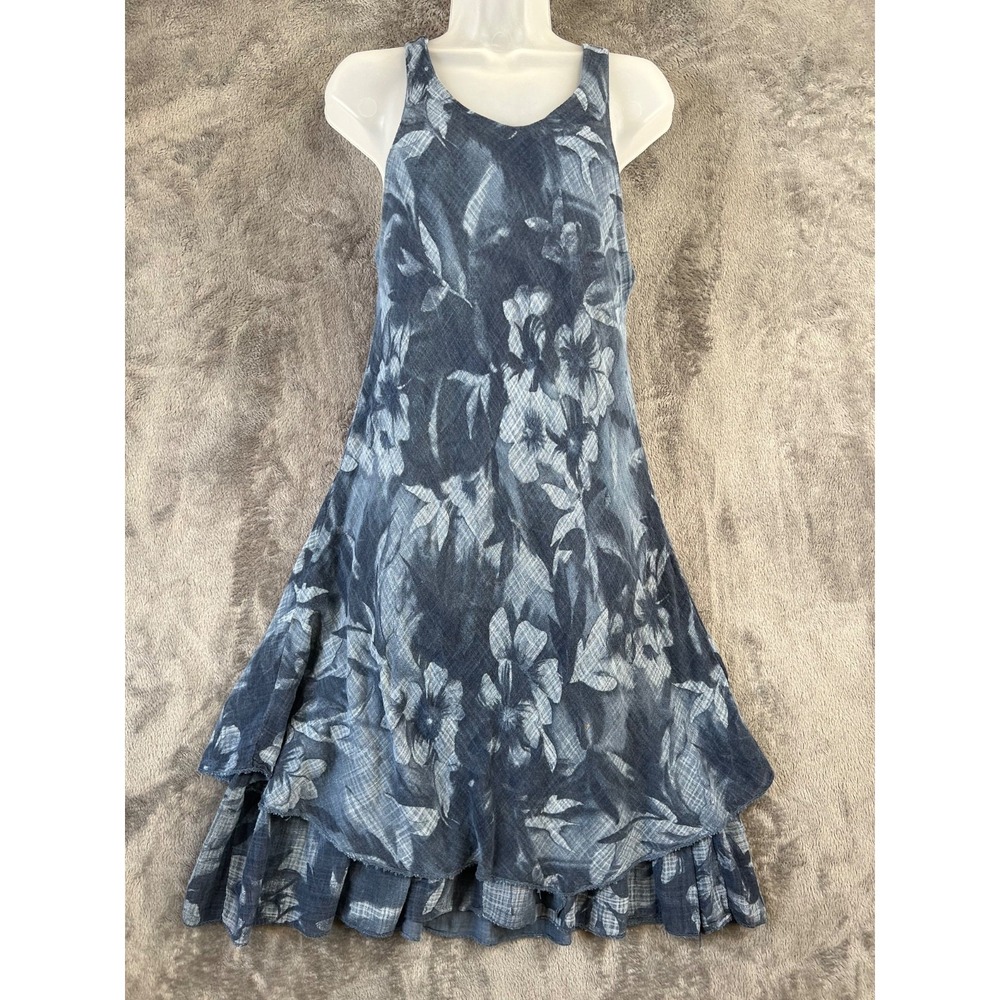 Tempo Paris Dress Medium Blue Floral Midi Sleeveless Layered Stretch Flowy Lagen
